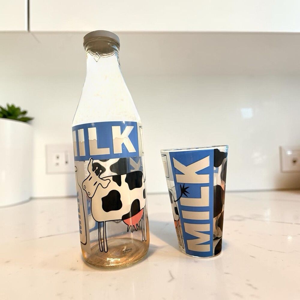Cerve Milk Bottle And Glass Tumbler Milk And Cow Pattern Vintage Italian Made